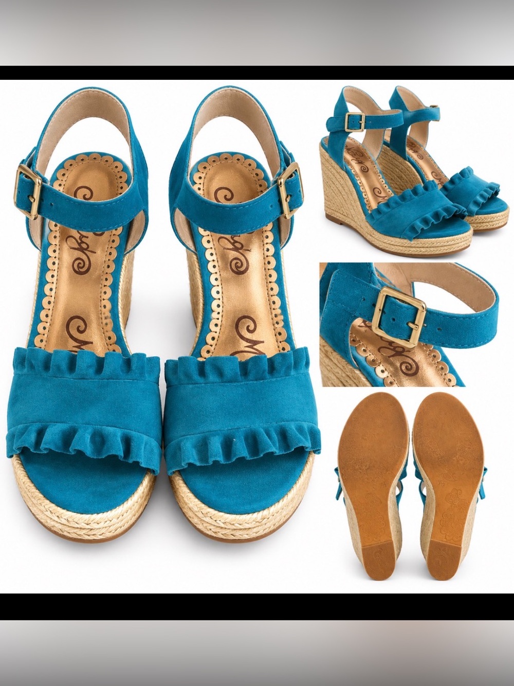 Teal Ruffle Espadrille Wedge Sandals with Ankle Strap